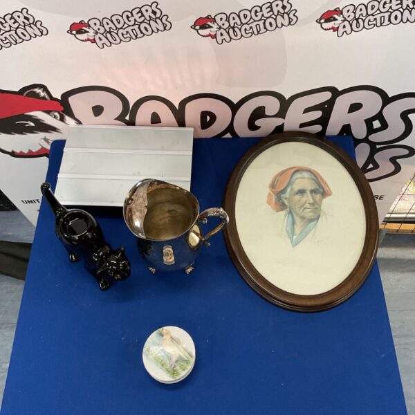 Vintage mixed lot including silver plate jug and framed print.