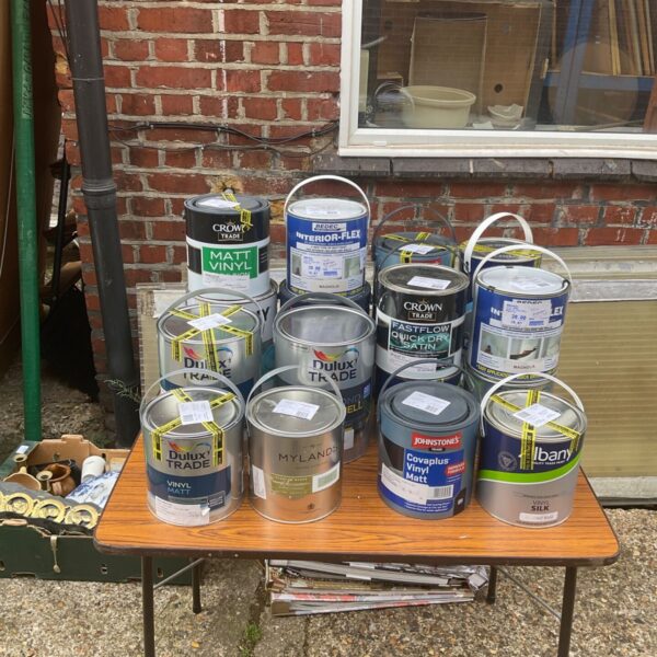 Mixed lot of Dulux and Crown interior emulsion paints for DIY projects.