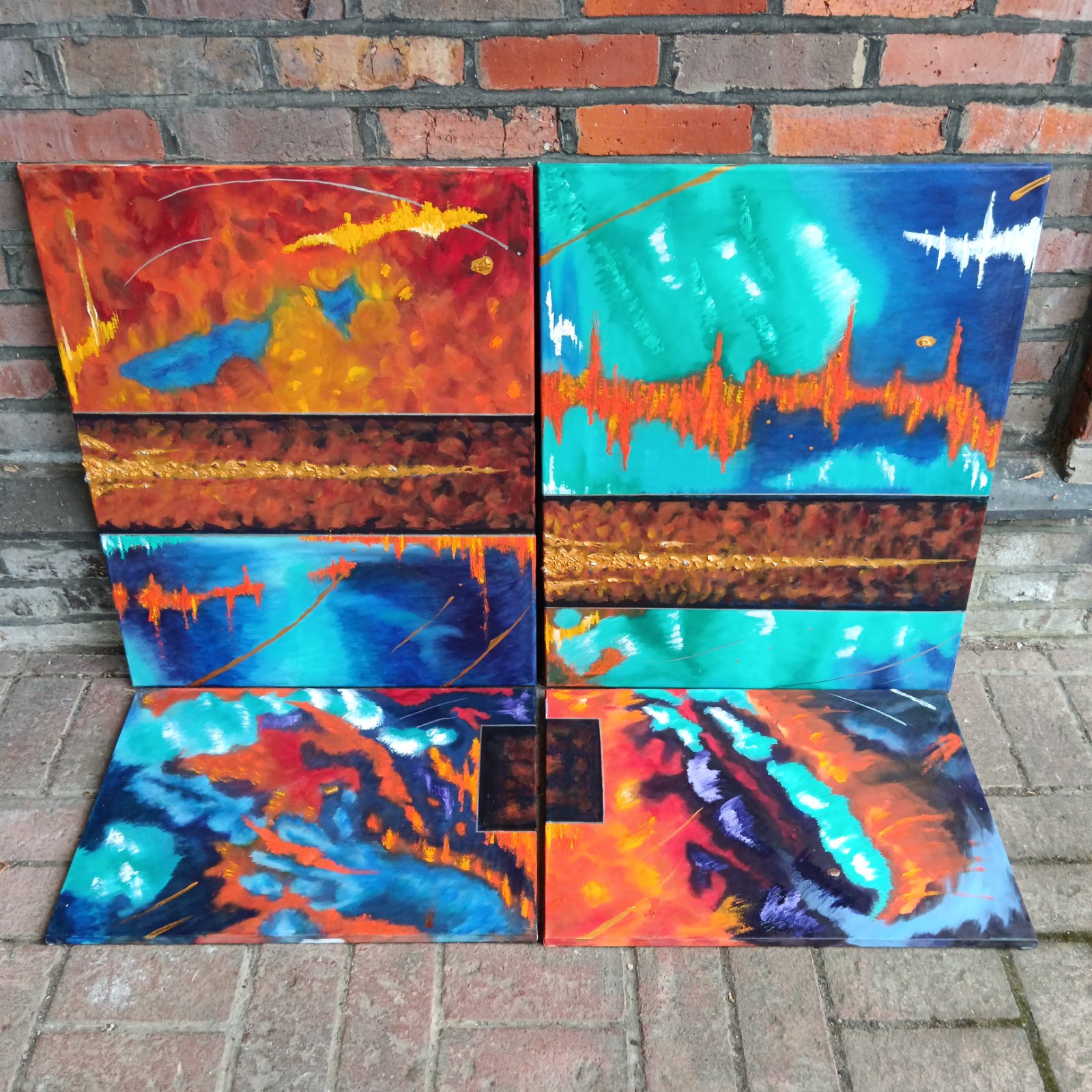 Set of four colourful modern art oil paintings on canvas.