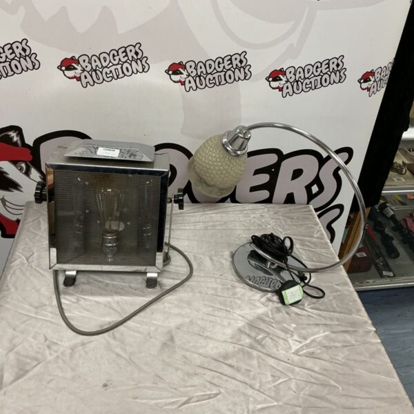 Pair of modern table lamps with chrome bases and white shades.