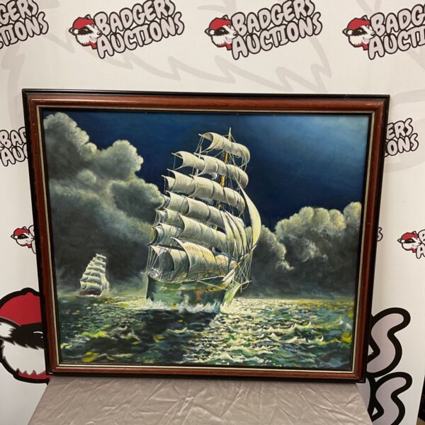 Dramatic Montague Dawson style clipper ship painting on a turbulent sea.