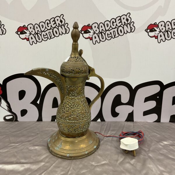 Vintage Moroccan brass coffee pot table lamp with pierced details.