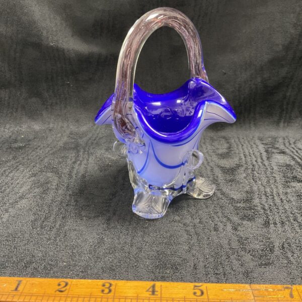Vibrant Murano cobalt blue and white basket vase, Italian art glass.