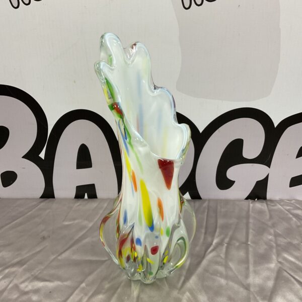Vibrant Murano style glass vase with colourful confetti details.