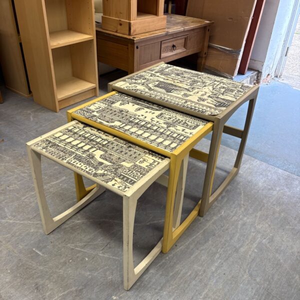 Vintage nesting tables with Roman ruins print, set of three.