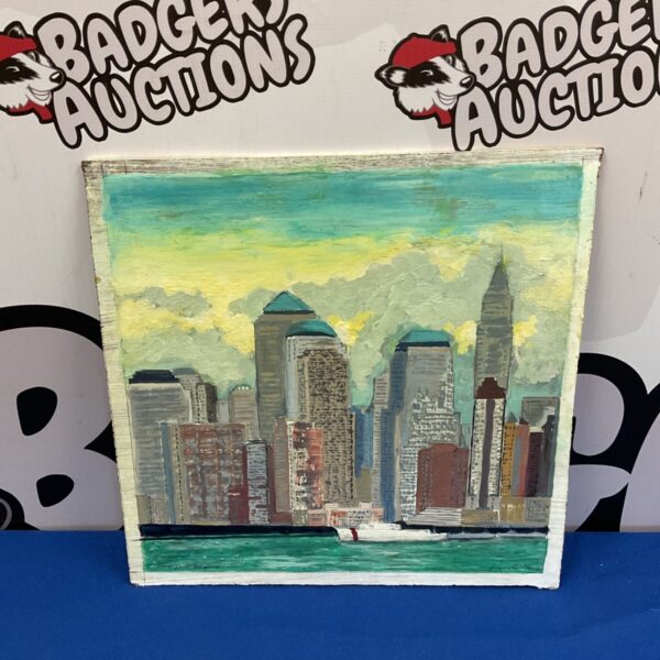 Signed oil painting of the New York skyline, vibrant cityscape art.
