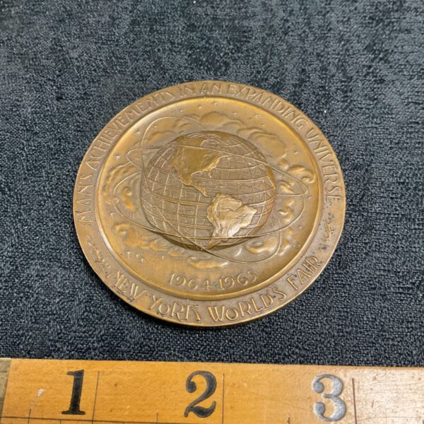 Vintage New York Worlds Fair bronze medal, Man's Achievements design.