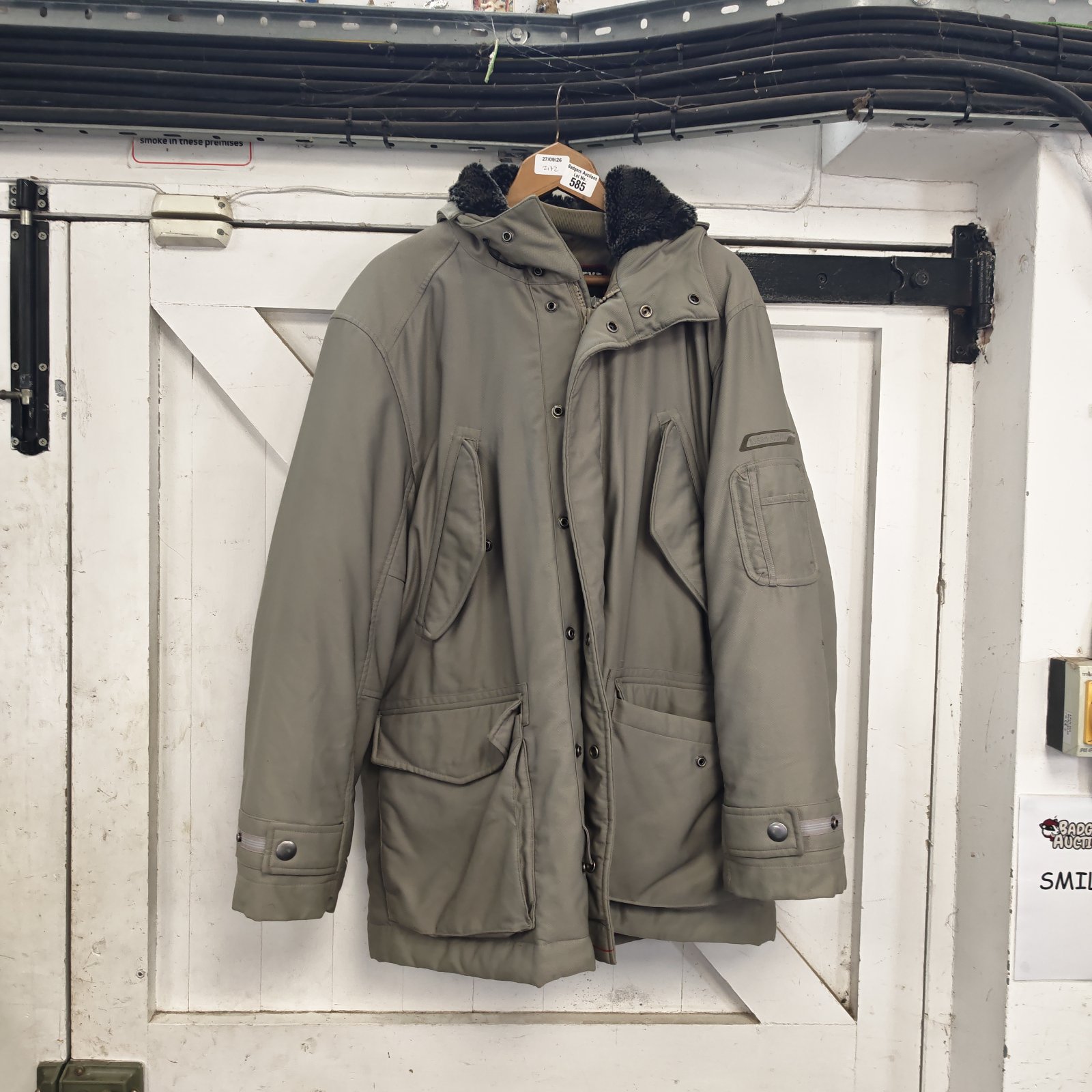 Olive green Next men's winter coat, size L, with fur hood.