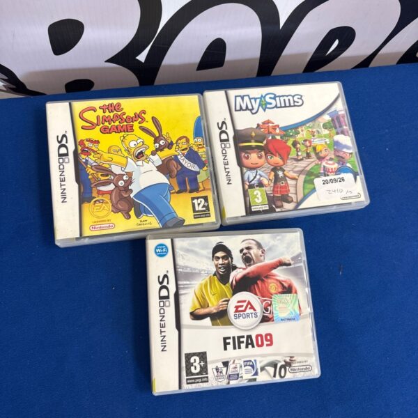 Nintendo DS games lot including The Simpsons, My Sims, and FIFA 09.