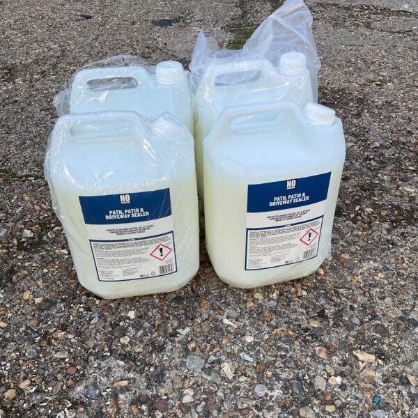 Four 5-litre containers of No Nonsense path and driveway sealer for exterior use.