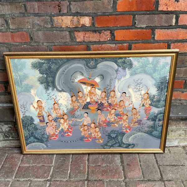 Vintage Noppakun oil painting of deities in a forest landscape.
