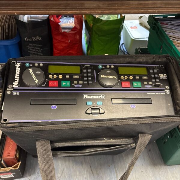 Numark CDN-22 dual CD player in carrying bag, vintage audio equipment.