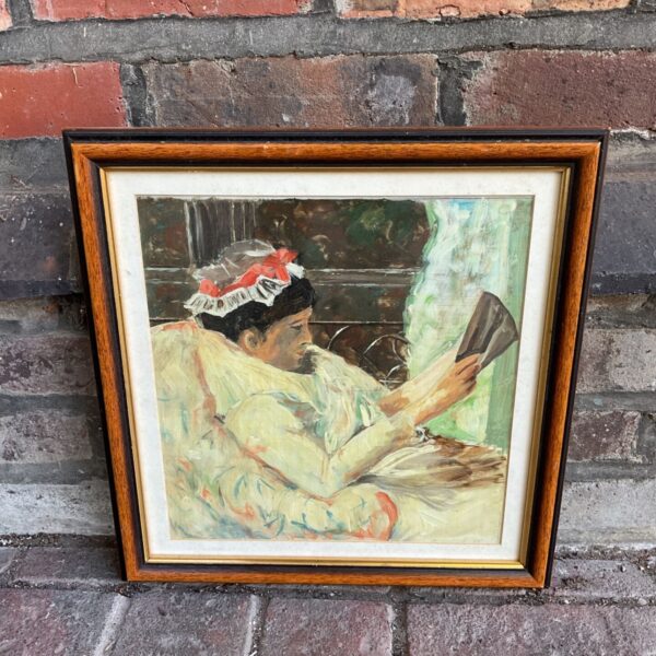 Vintage oil painting of a lady reading a newspaper in bed.