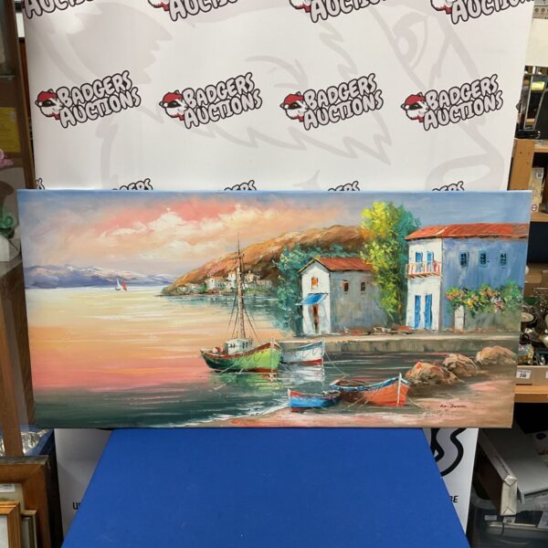 Vibrant oil painting of moored boats in a coastal harbour scene.