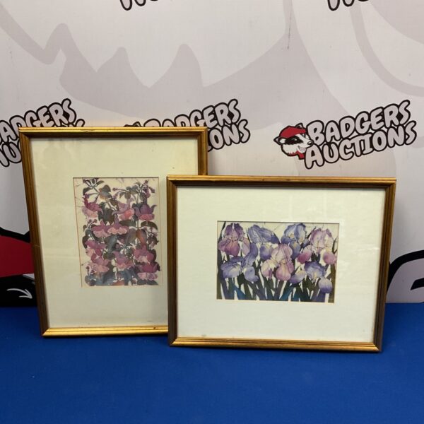 Pair of vintage oriental floral prints on silk in wooden frames.