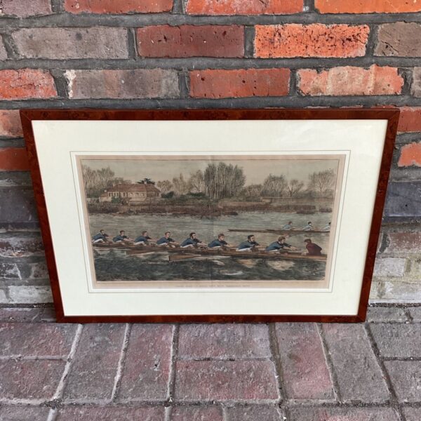 Antique engraving of the Oxford Cambridge boat race below Hammersmith Bridge.