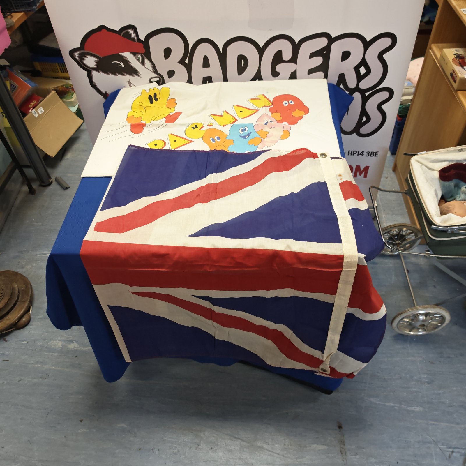 Vintage Pacman British flag cushion, 1980s retro gaming collectible.