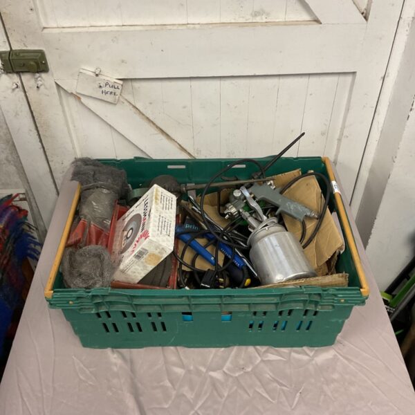 Crate of paint spray gun and assorted workshop tools.