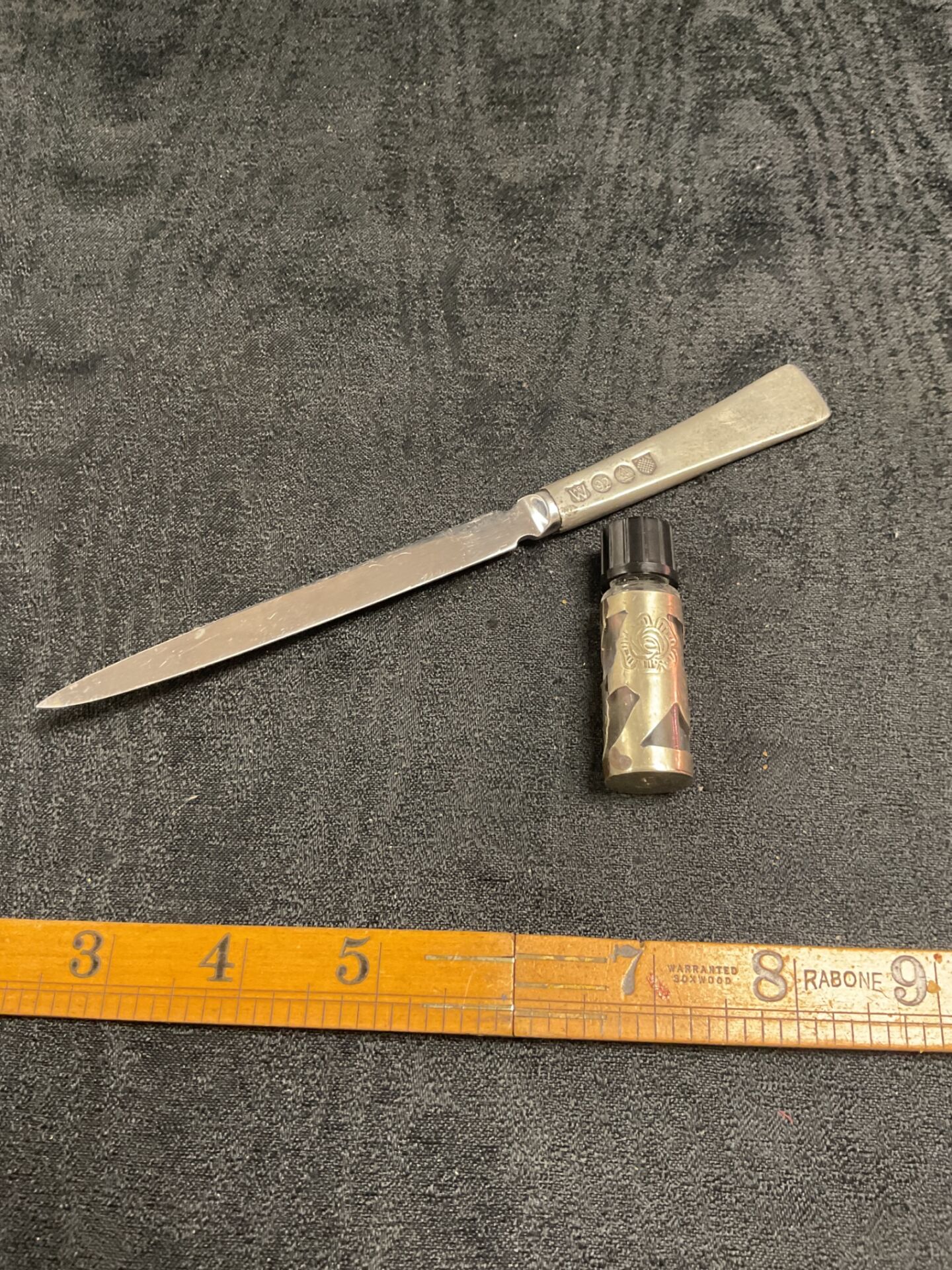 827 pewter hallmarked letter opener And metal mounted Perfume Bottle