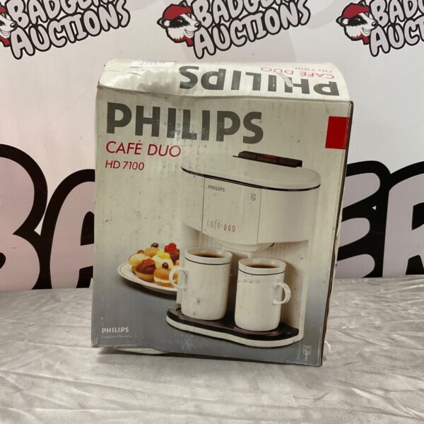 Vintage Philips Cafe Duo HD7400 coffee machine, retro kitchen appliance.