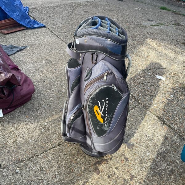 Black and grey Power Caddy golf bag with multiple pockets.