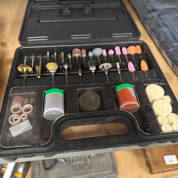 New Powerfix hobby drill accessory set with various bits and tools.