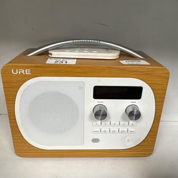 Woodgrain Pure Evoke H4 portable digital radio on display.