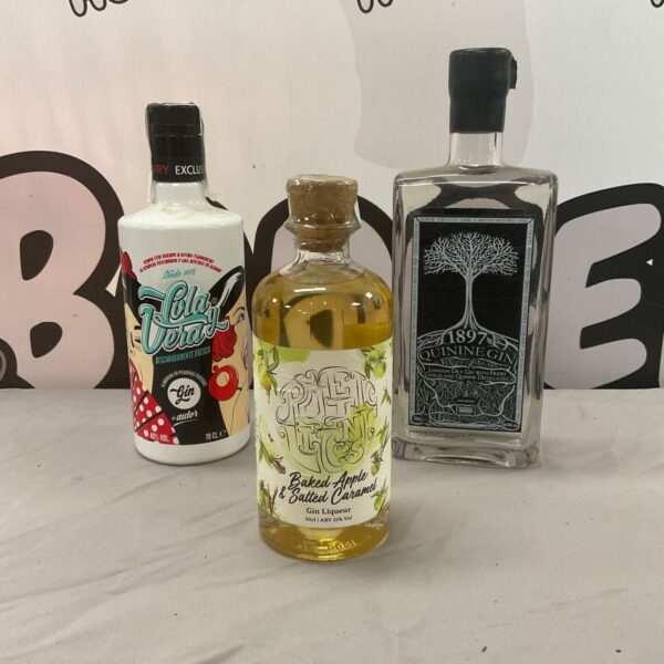Vintage Quinine Gin, Gin Liqueur, and Lola y Vera bottles for collectors.