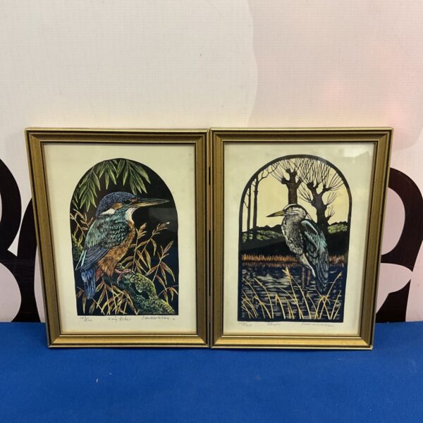 R Samaraweera woodblock print of a heron in natural setting.