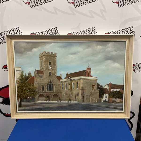 Oil painting of St Nicholas Church, Abingdon by R C Willis.