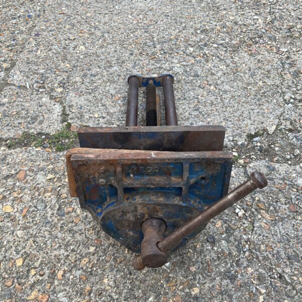 Vintage Record bench vice for metalworking and workshop use.