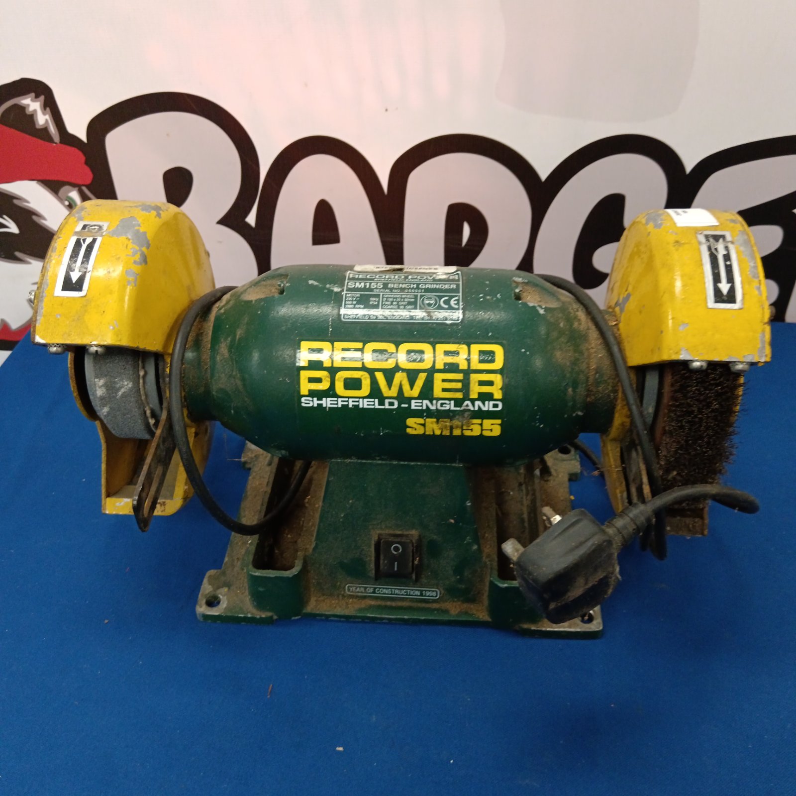 Vintage Record Power SM155 bench grinder in used condition.