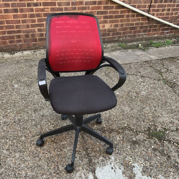 Red and black mesh office chair with adjustable armrests.