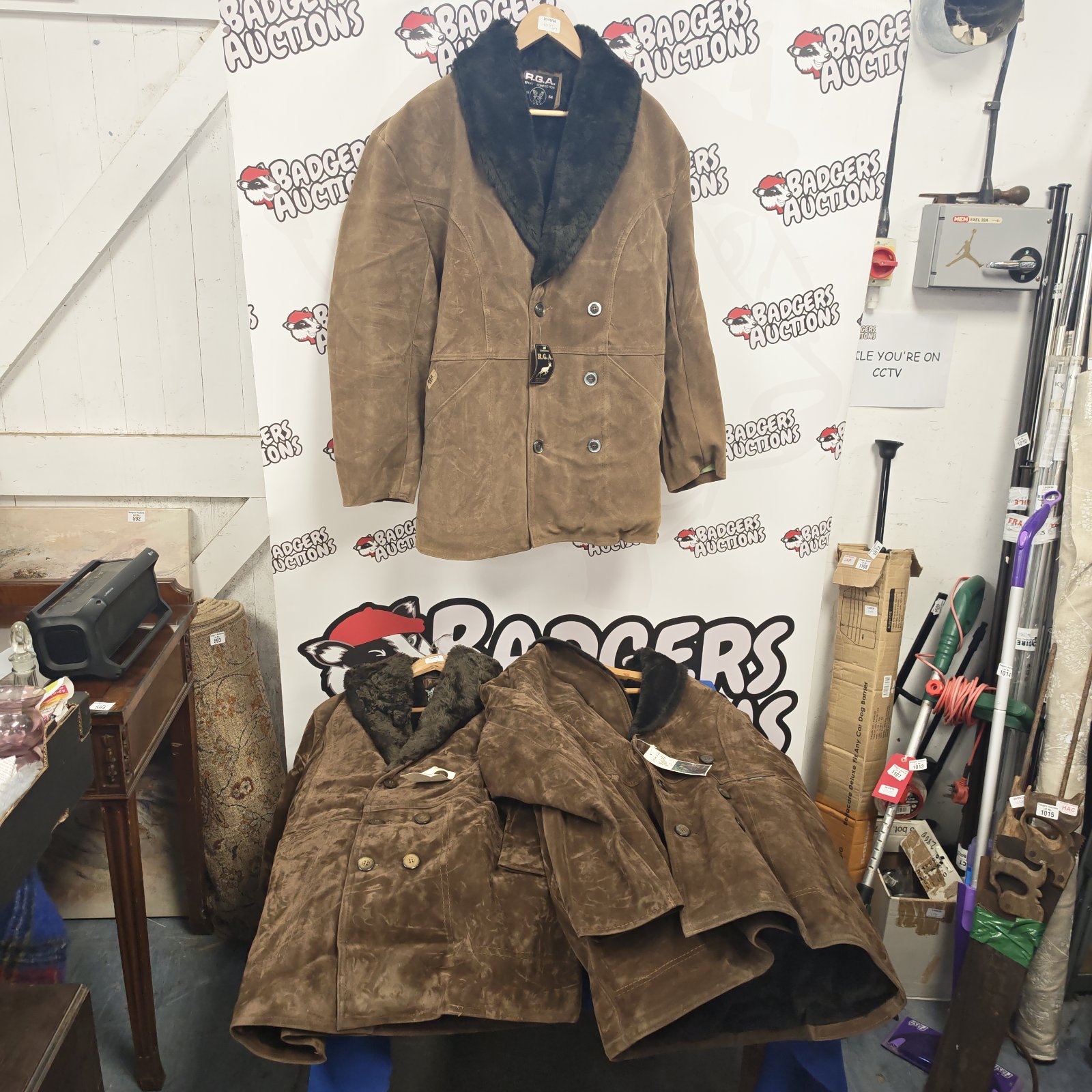 Vintage RGA suede coats with fur collars in various sizes.