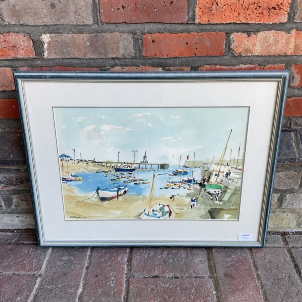 R h Davies 1975 watercolour painting of a harbour with boats.
