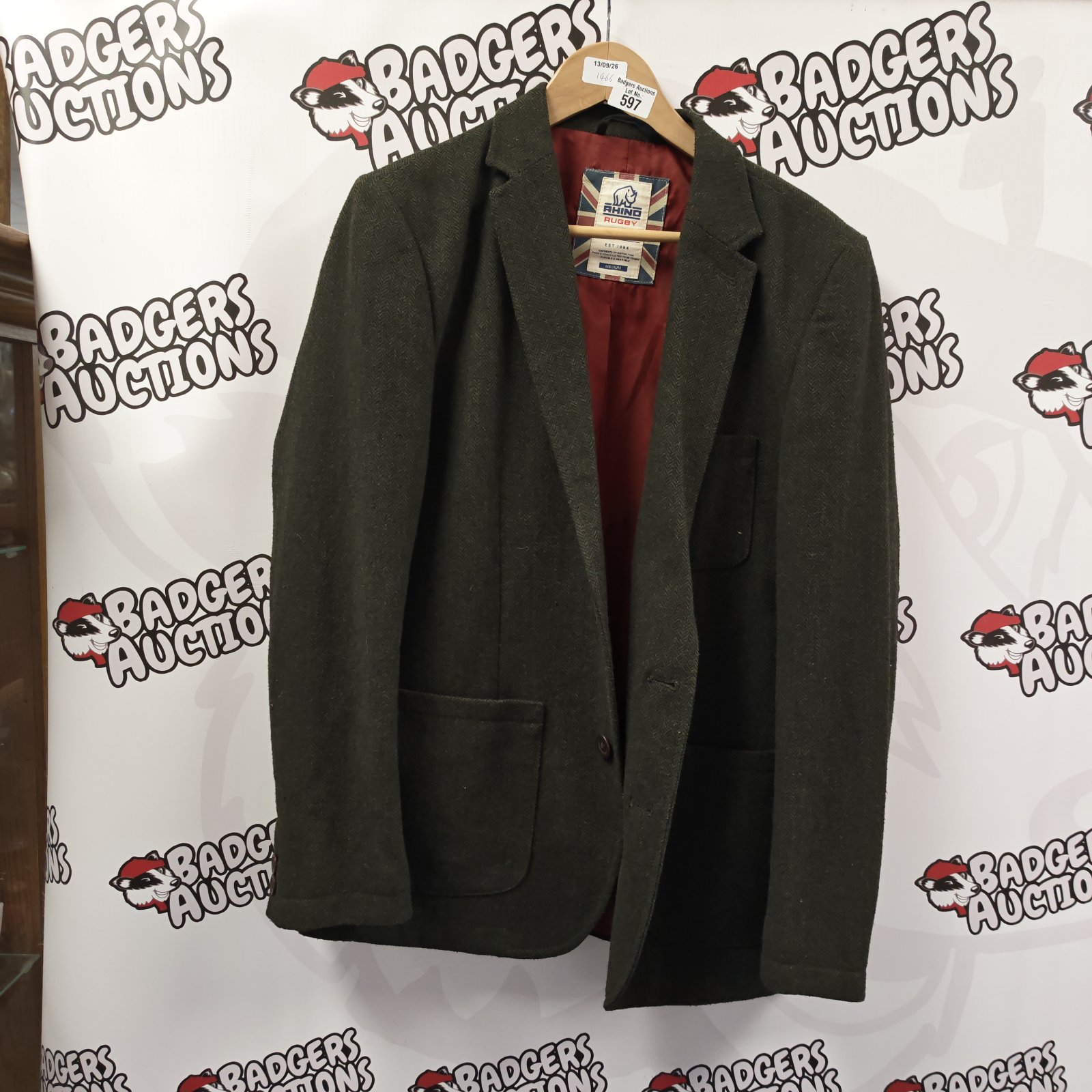 Rhino rugby tweed jacket size medium, front view.