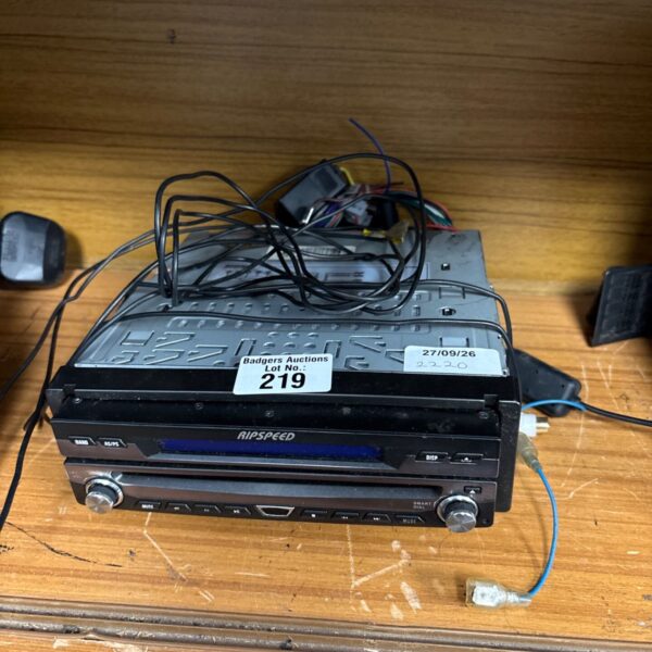 Ripspeed single din car radio faceplate with buttons.