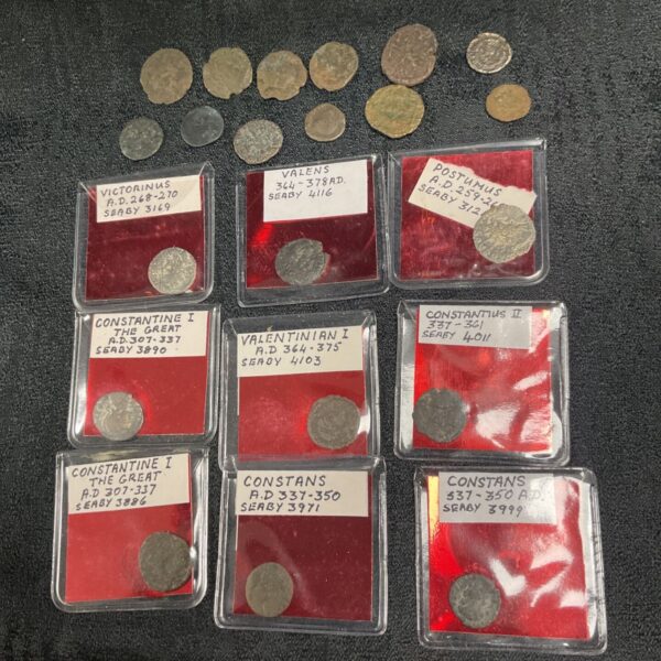 Collection of ancient Roman coins from 260 AD to 378 AD.