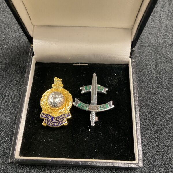 Royal Marines Commando badges in velvet display case.
