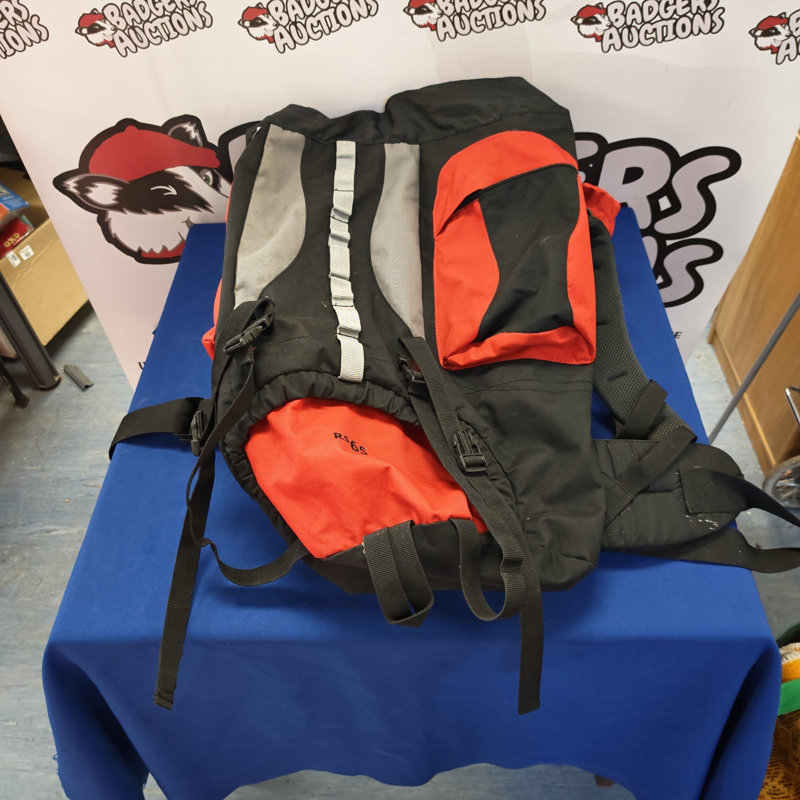 Blue RS65 hiking rucksack, ideal for outdoor adventures.