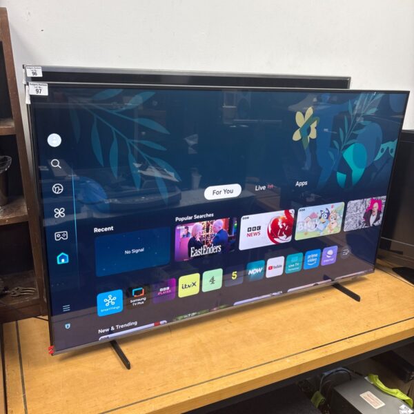Samsung 55 inch 4K smart TV displaying the home screen.