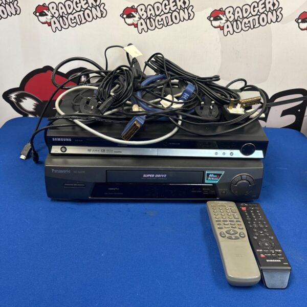 Samsung R13 6DVD and Panasonic MV-SJ206 VHS player with remotes and cables.