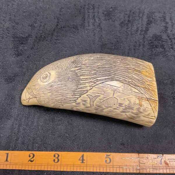Antique scrimshaw horn with detailed fish and eagle carving.