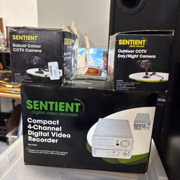 Boxed Sentient CCTV camera system with DVR and outdoor camera.