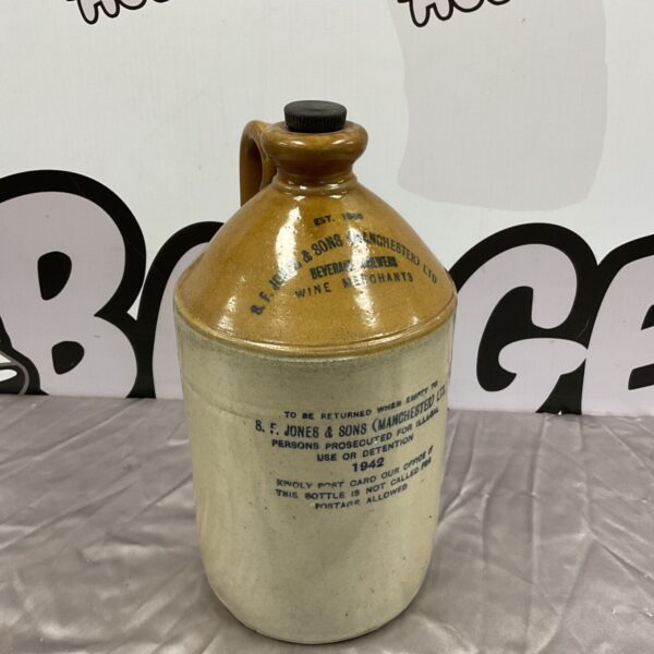 Antique S F Jones Manchester salt glazed stoneware flagon.