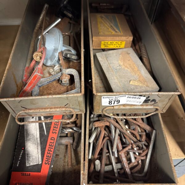 Assorted shed clearance tools including Allen keys and drill chuck keys.