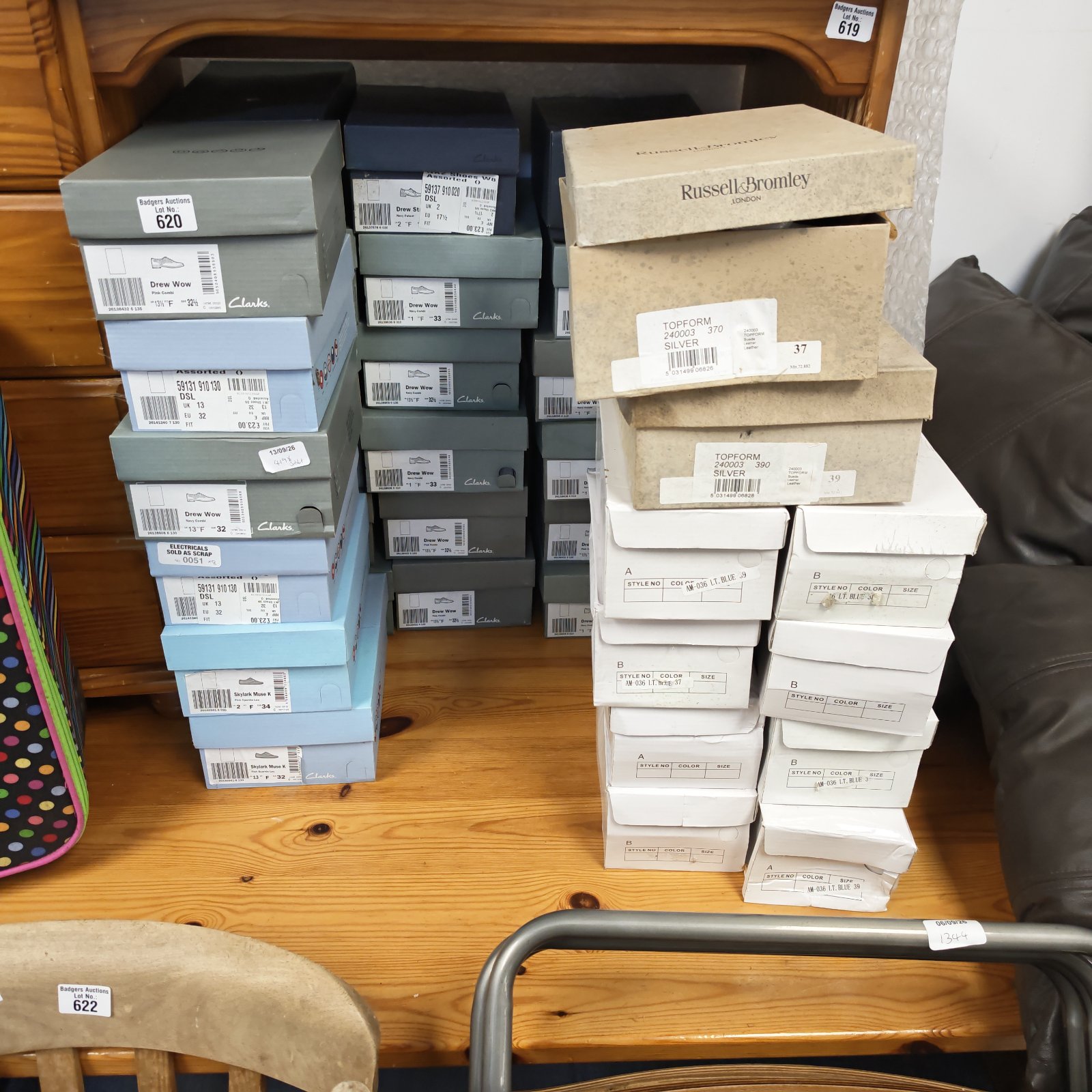 Shoe lot including Russell & Bromley and Clarks brands.