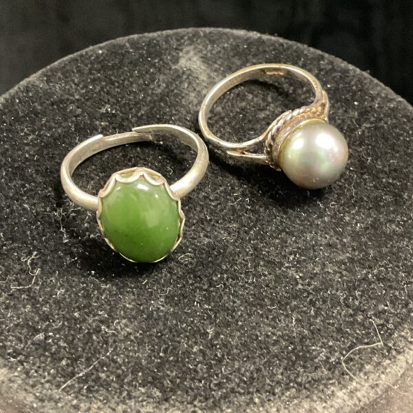 Silver rings with jade and pearl gemstones, vintage jewellery.