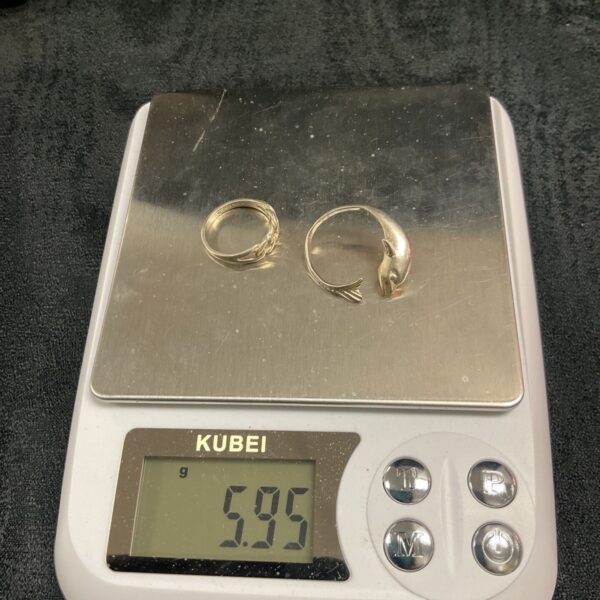 Two silver rings, a chainlink and a dolphin, weighing 5.95g.