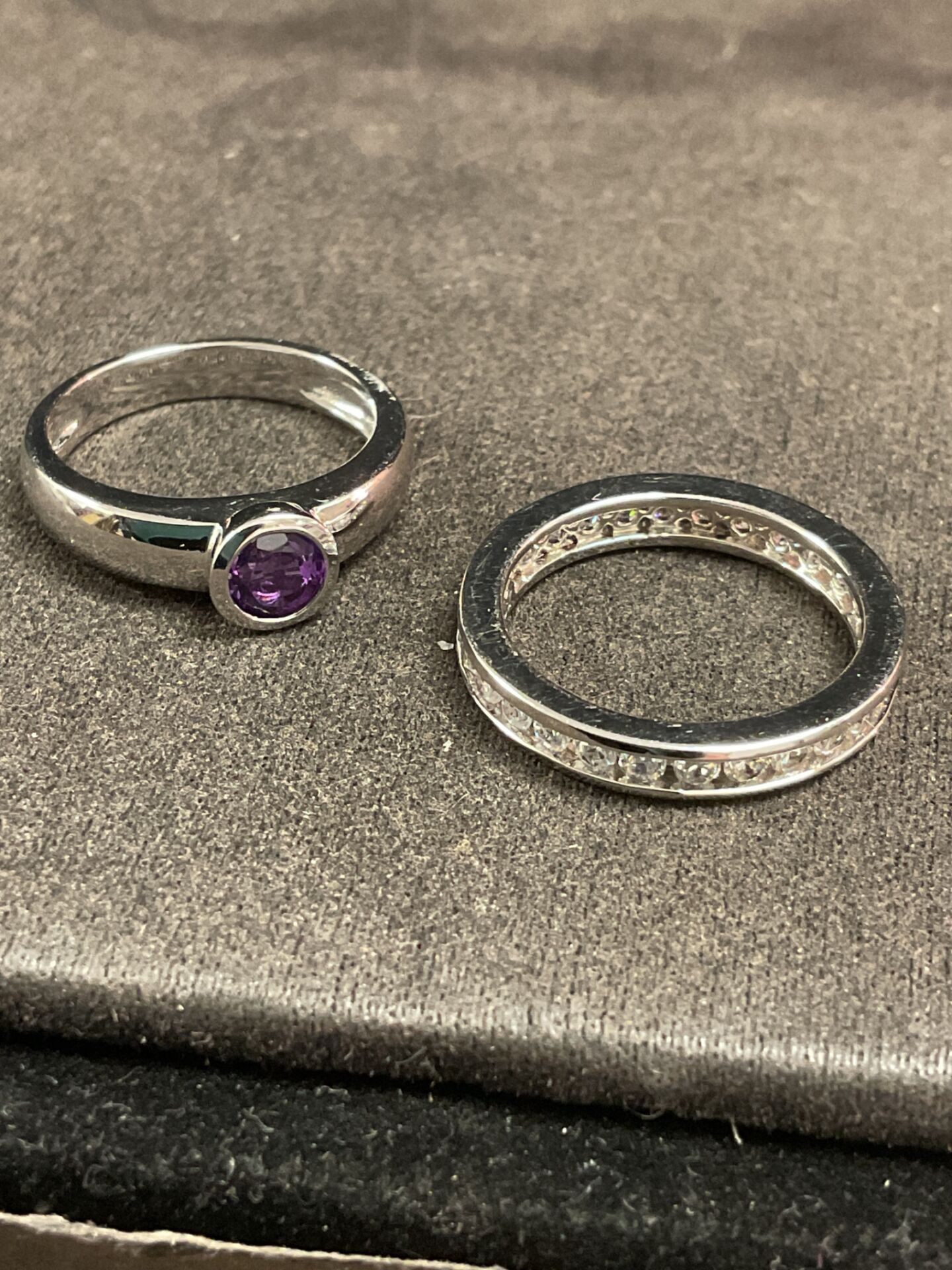 939 Two 925 Silver Rings set With White and Purple Stones 6.1g Ring sizes M